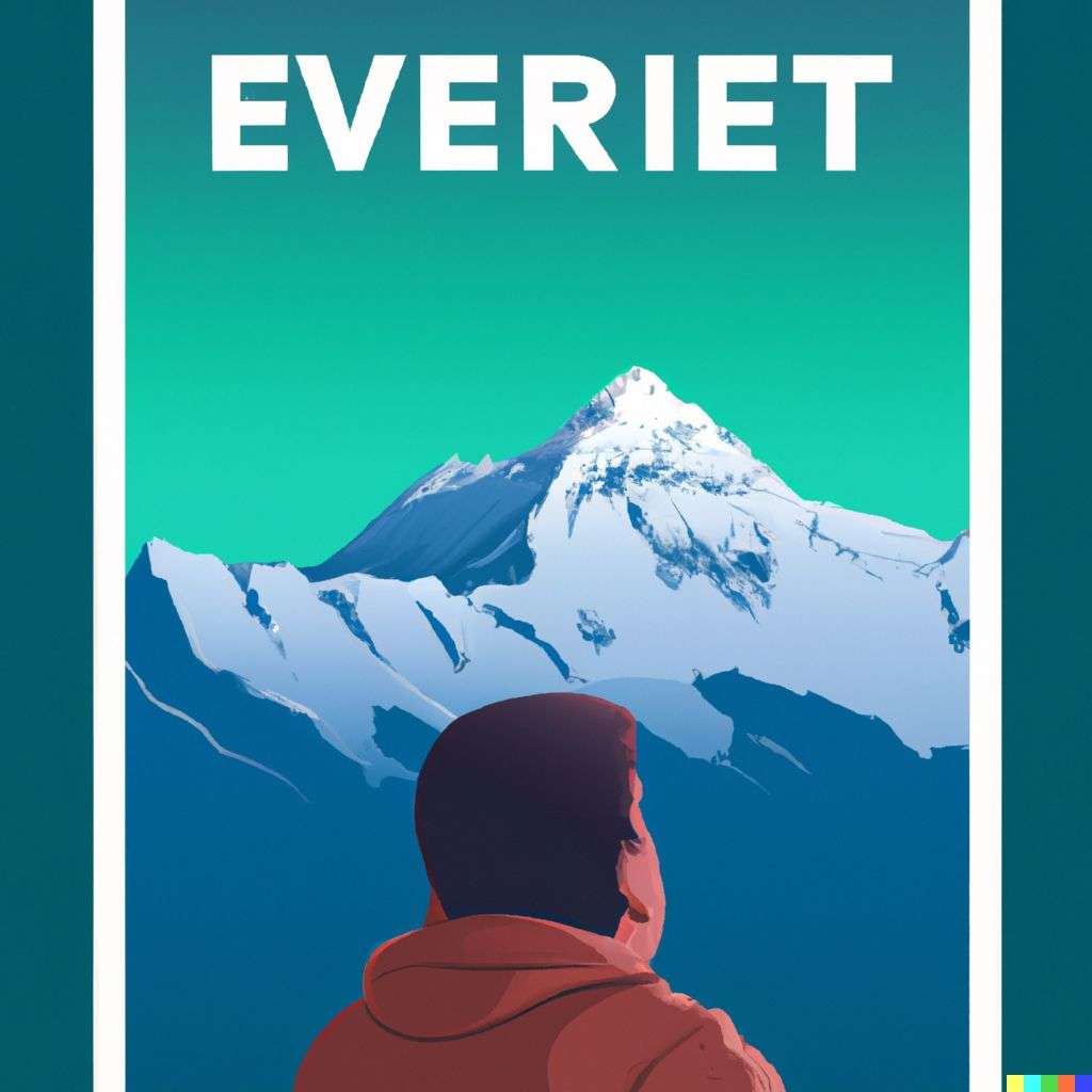 someone gazing at Mount Everest, travel poster